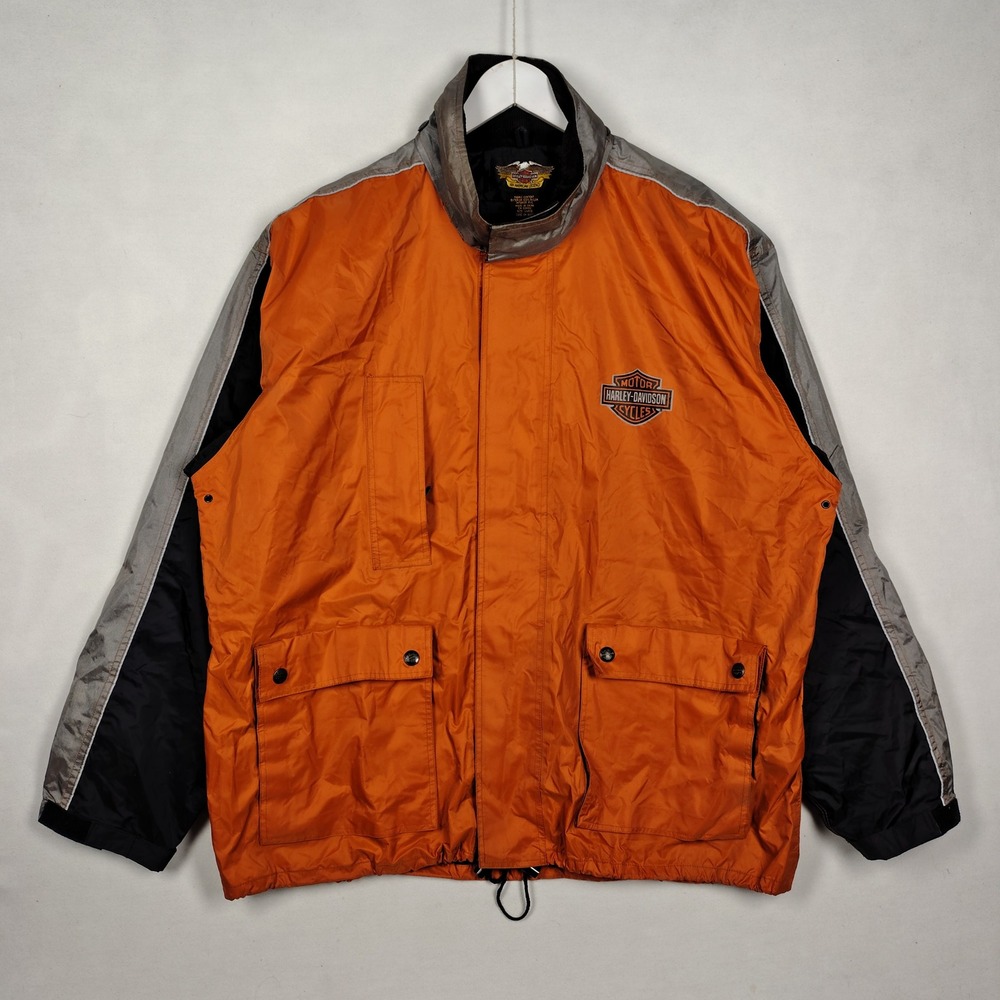 Harley-Davidson Mens Large Orange Gray Nylon Windbreaker Jacket Logo 1316